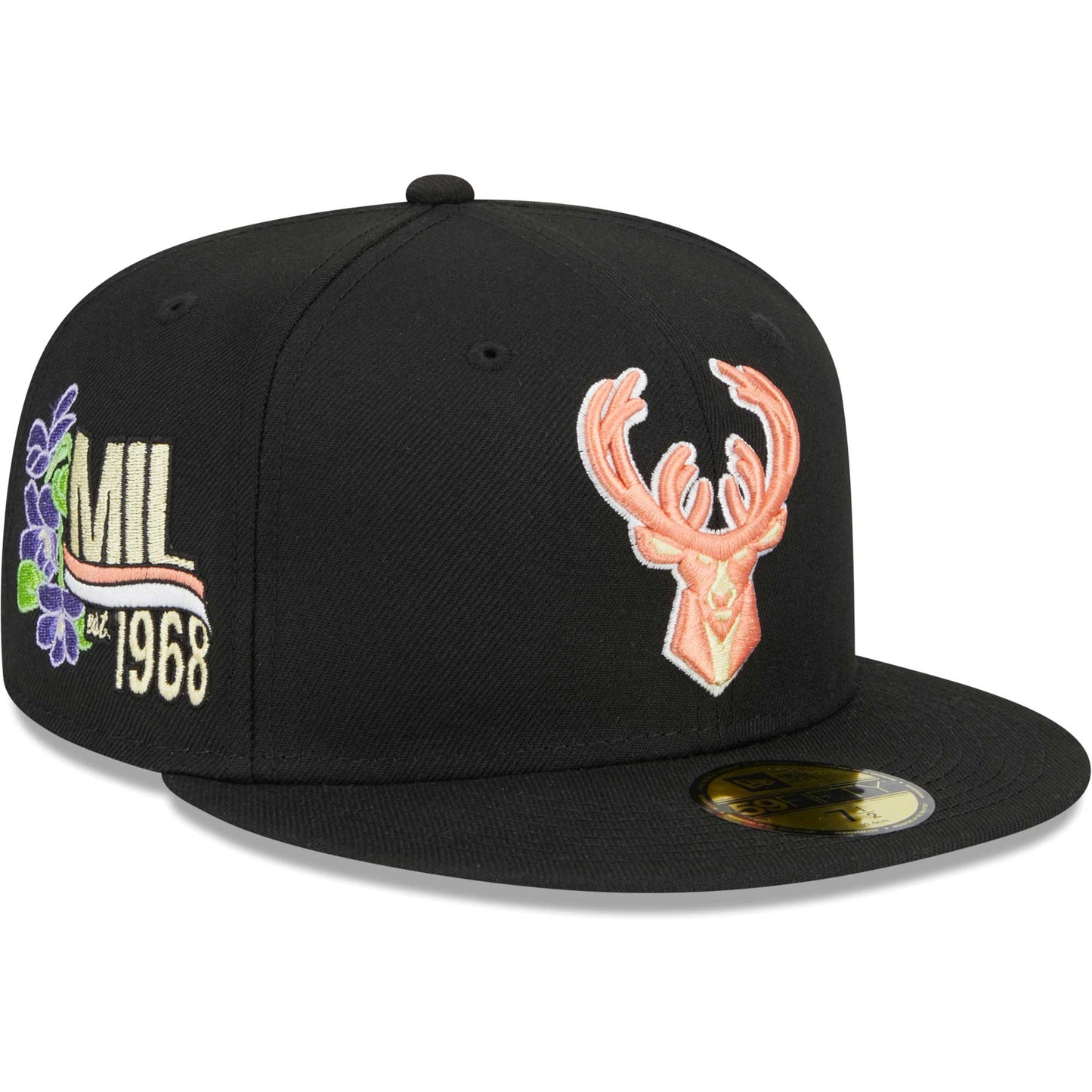Milwaukee Bucks New Era Floral Side 59FIFTY Fitted Hat - Black