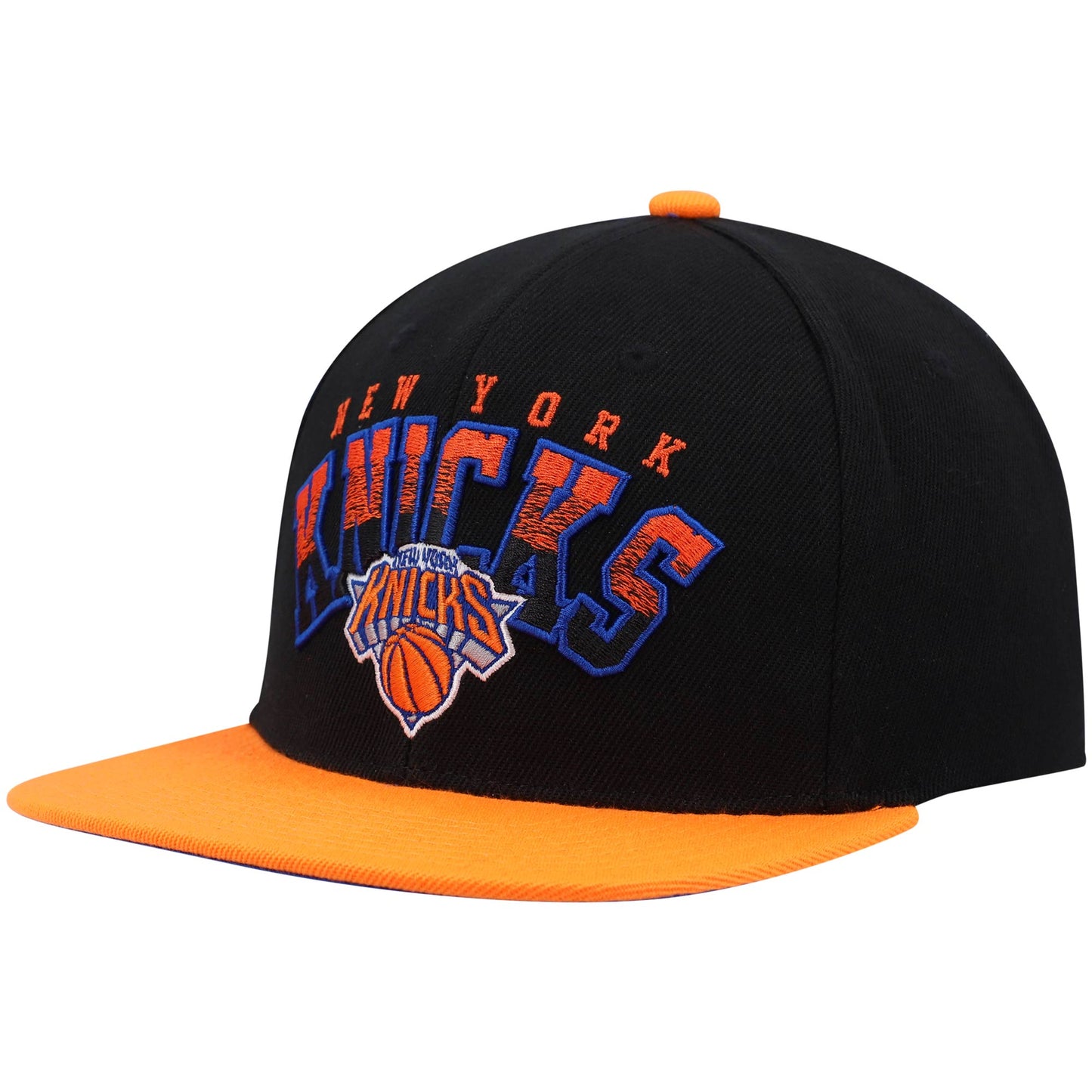 New York Knicks Mitchell & Ness Gradient Wordmark Snapback Hat - Black/Orange